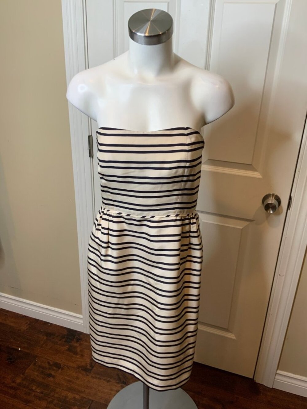 J. Crew Collection Cream & Navy Striped Strapless Dress NWT, Size 8